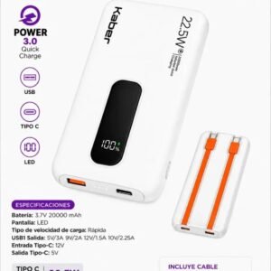 POWER BANCK  KABER 20000MAH ,CON CABLE TIPO Y IPH ,CARGA RAPIDO .